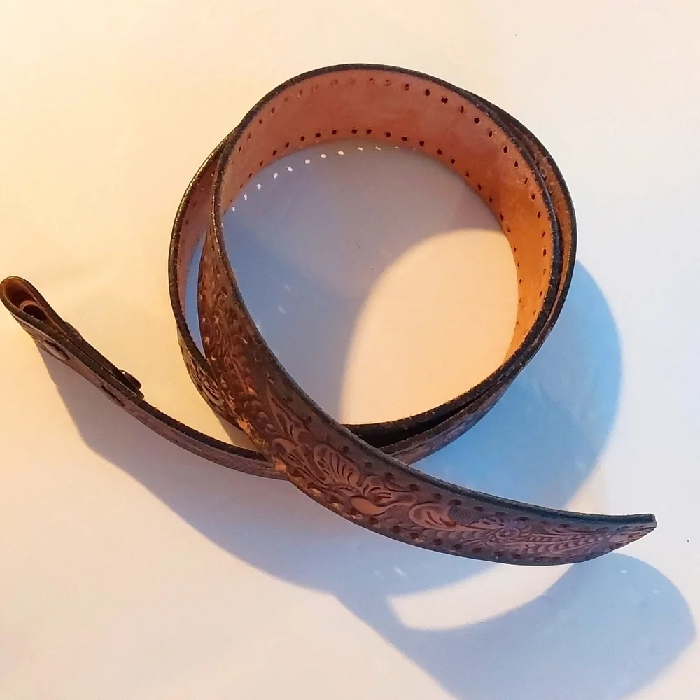 Vintage Mens Brown Hand tooled Premium leather Floral style Dress Belt Sz.38